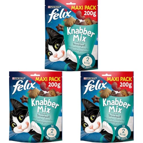 FELIX KnabberMix Strandspaß Katzensnack Knusper-Leckerlie mit Fisch-Geschmack 3er Pack 1 x 200g