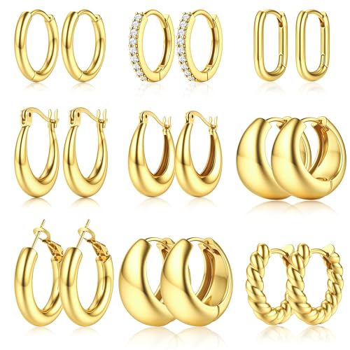 JeweBella 9 Paar Creolen Gold Ohrringe Set für Damen 18K Vergoldet Hypoallergen Chunky Leichte Gold Creolen Set Gold Kreolen Ohrringe Knorpel Huggie Creolen Ohrringe Modeschmuck