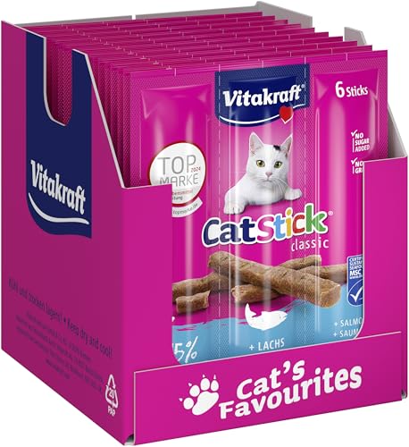 Vitakraft Cat Stick Classic Katzen Leckerli fleischiger Stick mit Lachs Vorratsgröße ohne Zusatz von Zucker 10x 36g