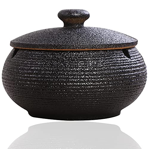 Panngu Windaschenbecher Schwarz Retro Keramik Deckel für Draußen Einfachheit Zigarren für Zuhause und Büro Dekoration 11.5X8.5cm