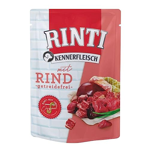 RINTI Kennerfleisch Rind 10 x 400 g Alleinfutter für ausgewachsene Hunde im Frischebeutel Getreidefreies Futter mit hohem Fleischanteil Zur Regulierung der Verdauung