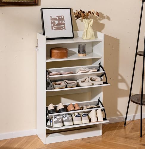 FANTASK Schuhschrank mit offenem Stauraum freistehendes Schuhregal Holz schmaler Schuh-Organizer mit 2 Klappen für Wohnzimmer Flur Diele 60 x 24 x 102 cm Weiß