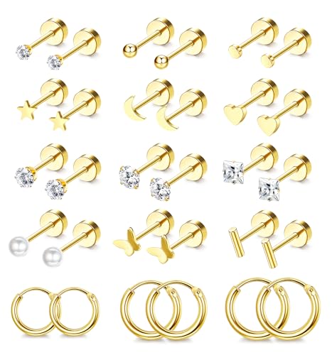 Morfetto Winzige Ohrstecker Set für Frauen Männer Edelstahl Ohrstecker Sets Creolen Gold Klein CZ Herz Mond Sterne Flatback Ohrringe Set Gold Knorpel Creolen Gold