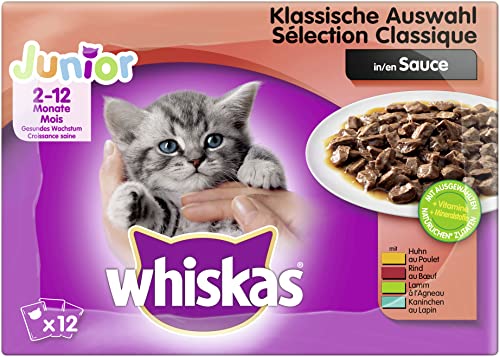 Whiskas Katzenfutter Junior Klassische Auswahl in Sauce Ausgewogenes Feuchtfutter für heranwachsende Katzen 48 Beutel 100g