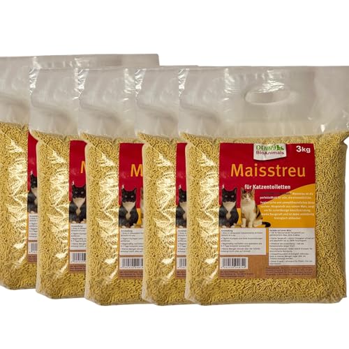 Maisstreu 15 kg 5 Säche je 3 kg 40 L Mais-Katzenstreu 100% natürlich biologisch abbaubar klumpend staubfrei geruchsneutral nachhaltige Katzenstreu aus Maisfasern.