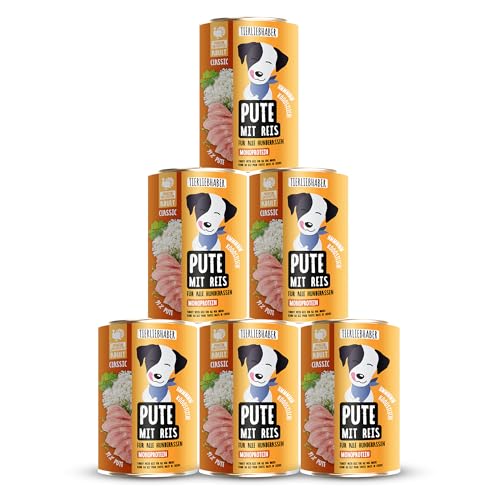 TIERLIEBHABER Hundefutter Nass 400g 6X Pute mit Reis Von Tierärzten entwickelt Nassfutter Hund mit 91% Fleischanteil Dog Food als Hundenassfutter 400g Dosen