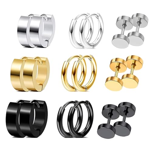 HinDaLi 9 Paar Set Edelstahl Ohrstecker für Herren Damen Ohrringe Creolen Klein Ohrringe Herren Schwarz Ohrringe Gold Ohrstecker Damen Ohrringe Tragus Piercing Ohrringe Damen Silber Runde Tunnel