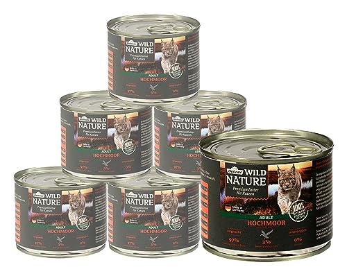 Dehner Wild Nature Katzenfutter Hochmoor Nassfutter getreidefrei für ausgewachsene Katzen Ente Pute 6 x 200 g Dose 1.2 kg