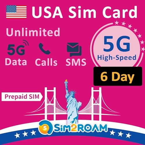 USA Prepaid SIM Karte Unbegrenzte 5G 4G LTE Hochgeschwindigkeits Internetdaten in den USA einschließlich Hawaii Unbegrenzte Anrufe und Textnachrichten SMS Wieder auffüllbar 6 Tage