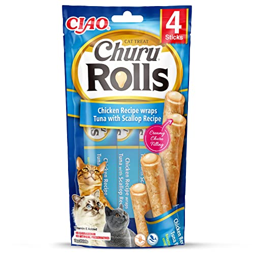 INABA Churu Rolls - Katzen Leckerlie zum Füttern aus der Hand - Köstliche Katzensnacks mit cremiger Füllung - Thunfisch umhüllt mit Jakobsmuschel