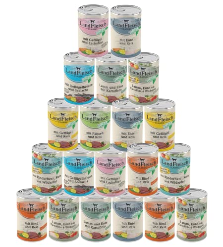 Landfleisch Classic 20 x 400g Garantierter 10-Sorten-Mix Mit hochwertigem Fleisch Rapsöl Omega-3 6 ohne Gluten Zucker GVO Soja Nassfutter für Hunde