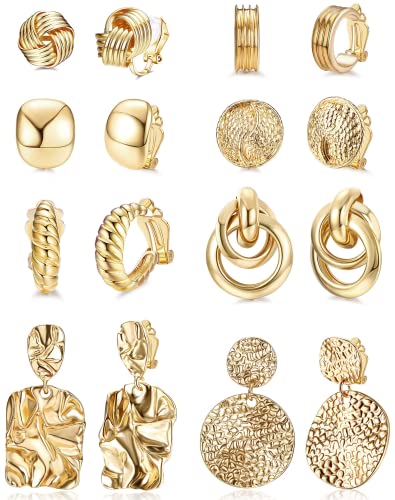 JeryWe 8 Paar Ohrclips Damen Ohne Ohrlöcher Clip Ohrringe Twist Knoten Ohrringe für Frauen 14K Vergoldet Chunky Gold Creolen Fake Ohrringe Set Non Piercing