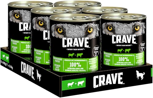 Crave Adult Hundenassfutter Pastete Lamm Rind 6 Dosen 6x400g Premium Hundefutter nass hohem Proteingehalt und ohne Getreide hergestellt 100 Prozent natürlichem Lamm Rind