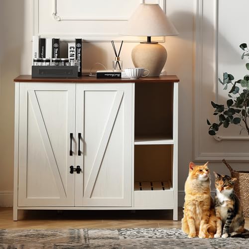 FOREST GRAVITY Katzenschrank Katzentoilette Groß Katzenklo Schrank Large Cat Litter Robot Box Furniture Modern 105 68 89 cm Katzenhaus mit Tür und Separater Trennwand Antikes Weiß