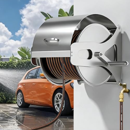 STDZQCWY Edelstahl Gartenschlauchtrommel Wandhalterung Gartenschlauchhalter mit Deckel und Wippe hält bis zu 164 69.8 m 1 2 Zoll für Gärten Bewässerung Rasen und Hinterhöfe