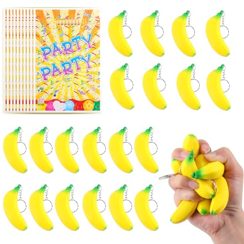 Anboor 20 PCs Banane Squishies Spielzeug mit Schlüsselanhagen und 10 Partybeutel Dehnbare Bananen -Zappelspielzeug für Stressabbau Mini -Squeeze -Party -Gefälligkeiten für Erwachsene von Kindern