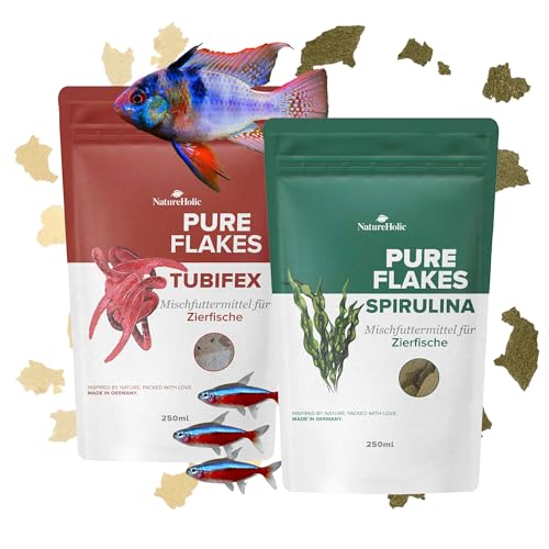 NatureHolic Fischfutter Flocken Paket Aquarium Fischfutter abwechslungsreich lecker schonend hergestellt leicht verdaulich für kleine große Fische 2 x 250ml