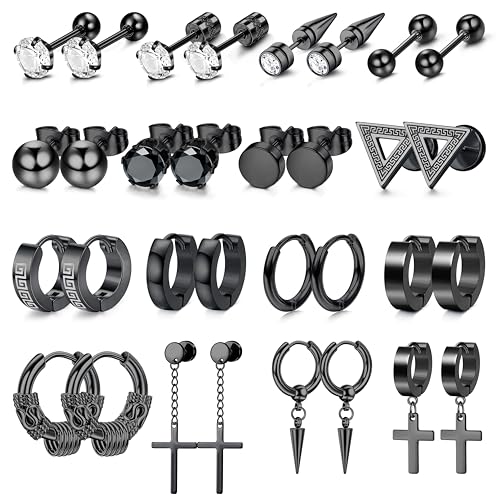 Dochais 16 Paar Herren Edelstahl Ohrstecker Set Hypoallergen Zirkonia Ohrstecker Kreuz Baumelnde Gothic Knorpel Schwarz für Männer Damen