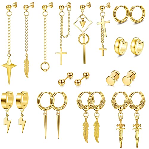 JeryWe 22 Stück Baumelnde Ohrringe für Herren Edelstahl Scharnier Creolen Lange Kette Ohrstecker Kreuz Baumeln Ohrringe Set Kpop Ohrringe für Herren Edelstahl Gold