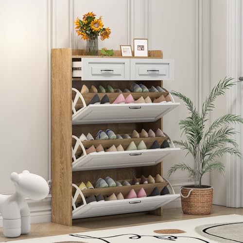 Schuhkommode mit drehbarem Schuhschrank bestehend aus drei großen Klappen und zwei Schubladen Holzschuhschrank Schuhregal Geeignet für Eingangsbereiche und Wohnzimmer - Maße B80 T23.5 H125 cm