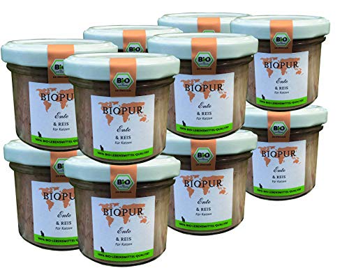 BIOPUR Bio Katzenfutter 12x100g Ente Reis - Premium Nassfutter - 100% Bio Qualität - Katzennassfutter ausgewogene Zusammensetzung Futter aus hochwertigen Zutaten für Katzen