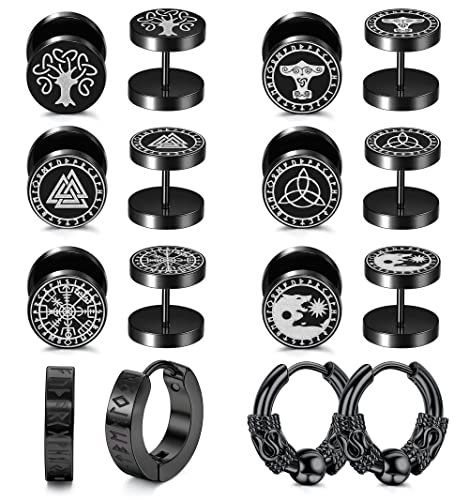 JeweBella 8Paar Ohrstecker Herren Edelstahl Wikinger Rune Schwarze Ohrringe Wolfskopf Keltischer Knot Ohrringe Piercings Ohrstecker Set Punk Klassische Ohrringe Creolen Hypoallergen für Damen Männer