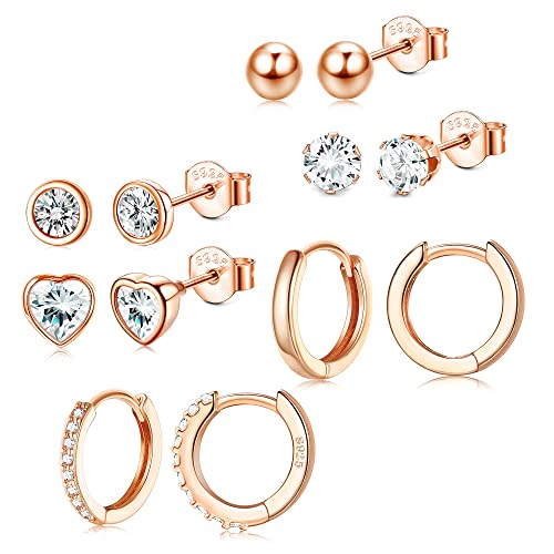 YADOCA 6 Paar Sterling Silber Ohrstecker für Damen Silber Ohrstecker Creolen Ohrringe Set Kugel Herz CZ Klein Schlafen Ohrstecker Knorpel Ohrring Creolen Huggie Ohrringe Ros gold