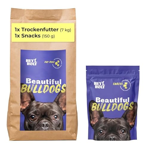 HEY HOLY Set 7 kg Premium Trockenfutter 1 x 150 g Snacks für Bulldoggen 100% getreidefrei Hundefutter Leckerlis für ausgewachsene Bulldoggen mit Lachs Hochverträglich aus natürlichen Zutaten