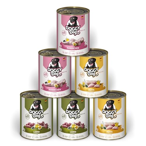 DOGGY Dog Pat Mix Sensitive 6x 800g Nassfutter für im Probierpaket Hundefutter getreidefrei mit Lachsöl und Grünlippmuschel besonders gut verträgliches Alleinfuttermittel Made in Germany