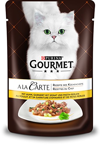 PURINA GOURMET A la Carte Katzenfutter nass mit Huhn Spinat und Pasta-Perlen 24er Pack 24 x 85g