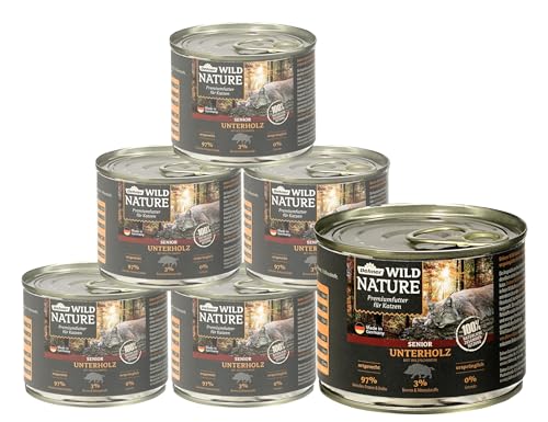 Dehner Wild Nature Katzenfutter Unterholz Nassfutter getreidefrei zuckerfrei für ältere Katzen Wildschwein 6 x 200 g Dose 1.2 kg