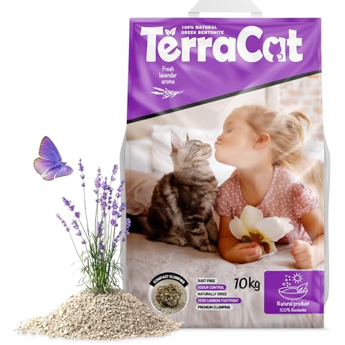 TerraCat katzenstreu 12.5L - 10Kg Cat Litter 100% Griechischer Bentonit Katzenstreu Klumpstreu Hohe Saugfähigkeit Klumpstreu für Katzen Staubfrei Katzenstreu Klumpend Lavendelduft