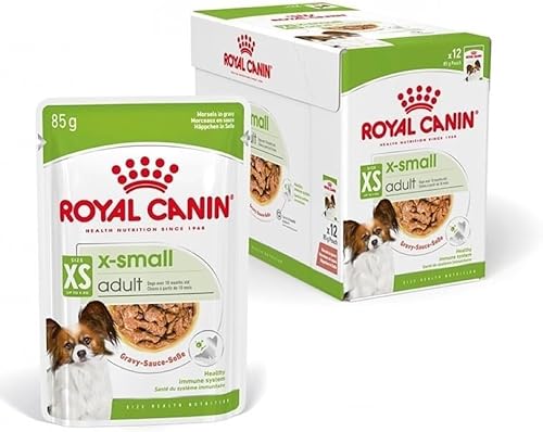 ROYAL CANIN X-Small Adult 12 x 85 g Feuchtnahrung für ausgewachsene und besonders kleine Hunde Ab dem 10. Lebensmonat Mit Häppchen in Soße Im Pouchbeutel