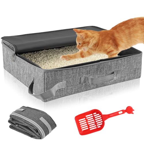 OUZHOU Tragbare Katzentoilette Zusammenklappbare Katzenklo mit Deckel Reise Katzenklo mit Sieb Oxford-Gewebe Wasserdicht und Auslaufsicher Cat Litter Box Leicht zu Reinigen für Reisen im Freien