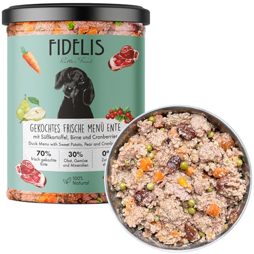 Fidelis Gekochtes Frische-Menü für Hunde mit Ente Süßkartoffel Birne Cranberries 400g Glas Hundefutter nass mit 70% Fleischanteil frischen Zutaten Nassfutter ohne Zusätze.