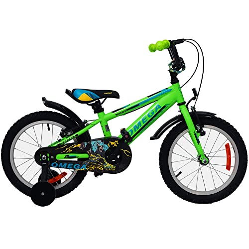 OMEGA BIKES Master Kinderfahrrad für Mädchen und Jungs 12-20 Zoll Aluminiumrahmen Handbremse Hilfsräder Kinderrad Classic Fahrrad für Kinder 16 Zoll Grün