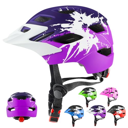 RaMokey Fahrradhelm Kinder Fahrradhelm mit Licht für Kinder Leichter Kinderhelm mit Verstellbares Zifferblatt für Mädchen und Jungs 50-56CM ab 5-14 Jahre Lila Rose