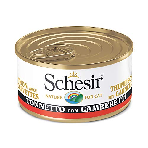 Schesir Nassfutter für ausgewachsene Katzen Bakorette-Geschmack mit Garnelen auf Filets und Weichgelatine insgesamt 2 kg 24 Dosen x 85 g