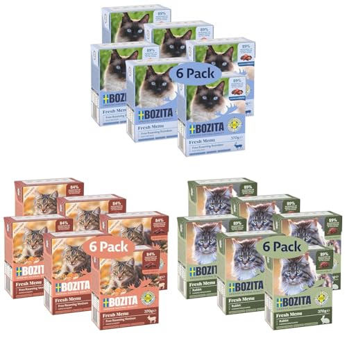 Bozita Tetra Wald Wiese Katzenfutter Bundle Geschmackvolle Auswahl aus Hirsch Kaninchen Rentier 3 x 6 saftige Häppchen in Gelee und Sauce für eine ausgewogene Katzen-Ernährung