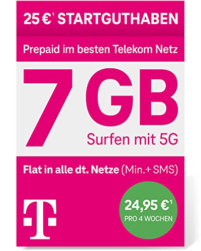 Telekom MagentaMobil Prepaid XL I 7GB Datenvolumen I SIM-Karte ohne Vertragsbindung I Allnet Flat Min SMS in alle dt. Netze I mit EU-Roaming I Surfen mit 5G Max Hotspot Flat