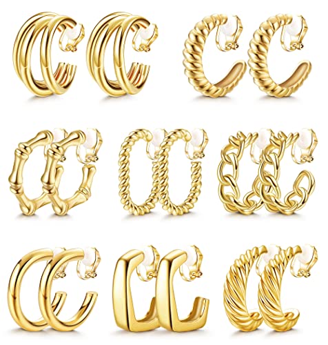 JeryWe 8 Paar Ohrring Clip für Damen Creolen Baumeln Ohrringe Set ohne ohrlöcher Chunky Clip On Hoop Ohrringe Nicht durchbohrt Twist Gehämmert Fake Anhänger Ohrclips Hypoallergen gold