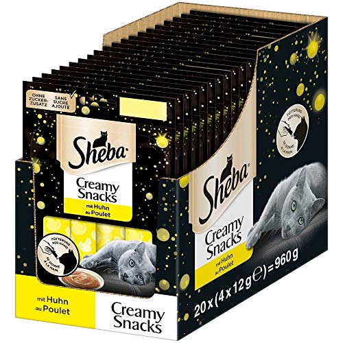 Sheba Creamy Snacks Cremiges Katzen-Leckerli mit Huhn Praktische Sticks zum aus der Hand Schlecken 80 x 12g Katzenleckerchen