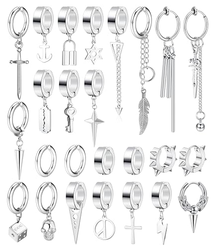 Diamday 25 Stück Ohrclips für Herren Edelstahl Kreuz Kette Baumeln Schwarz Huggie Non Pierced Punk Gothic Kpop Set Fake Creolen Silber
