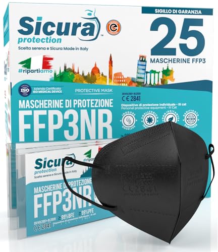 25x FFP3-Masken Schwarz Made in Italy mit Aufgedrucktem SICURA-Logo PFE 99% BFE 99% SANIFIZIERT und Einzeln Versiegelt