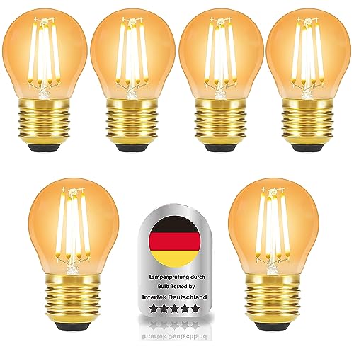 Wenscha Vintage glühbirne E27 led warmweiss G45 bulbs 6er-Set 4W retro bernstein e27 filament glühbirnen 2400K Goldfarbener Stecker im Glasgehäuse lampe nicht dimmbar