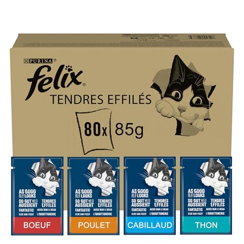 FELIX Zart konisch ausgewachsene Katze Gelee 100% vollständige und ausgewogene Rezeptur mit Thunfisch Kabeljau Rindfleisch und Huhn Frischebeutel 80 x 85 g