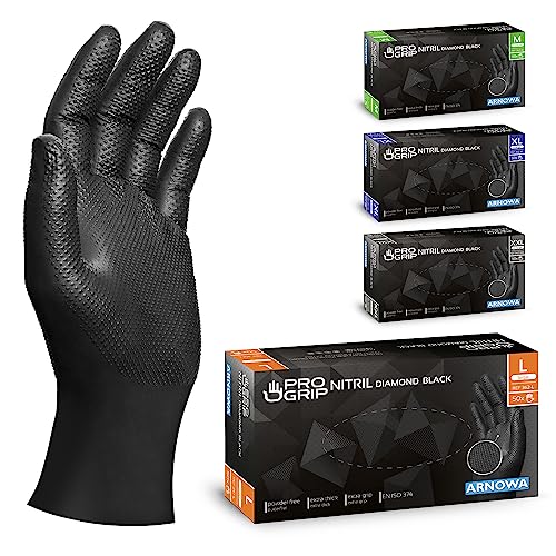 PROGRIP Einweghandschuhe Diamant Grip Schwarz Einmalhandschuhe Extra Stark Nitrilhandschuhe Gr. L 2x dicker Handschuhe Arbeitshandschuhe für Werkstatt Montage 50 Stk Box