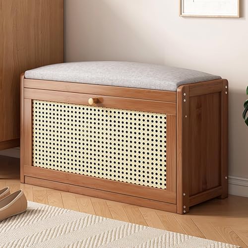 MGHRUEWH Rattan Schuhbank Eingangsbank Verstellbarem Regal Leinen Sitzkissen 2 Stufiger Organizer Für Braun 70cm