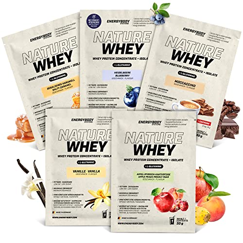 Energybody Nature Whey Protein Pulver Probierpaket - 5x30g - Zucker- und fettarmes Molkenproteinpulver ohne künstliche Verdickungsmittel Proteinpulver Probierpackung Eiweißpulver Probierset