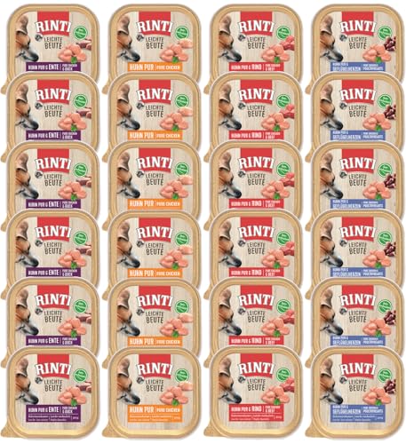 Rinti Leichte Beute Mixpaket 24 x 300g Schale 4 Sorten Huhn Ente Geflügelherzen Rind Kalorienreduziertes Nassfutter für Hunde Getreidefrei fettarm Leicht verdaulich